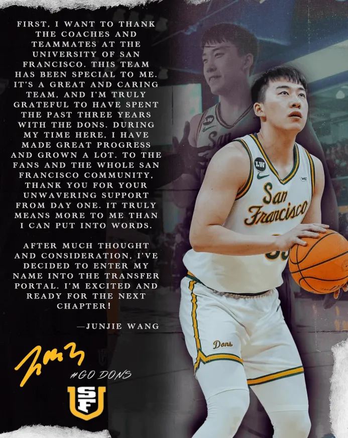 yl23455永利官网-王俊杰致谢旧金山大学:感谢旧金山大学的教练和队友们